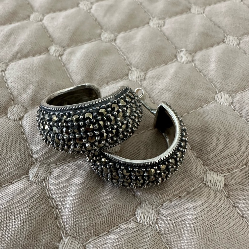 Marcasite wide hoop hugger Sterling silver earrings by Judith jack
